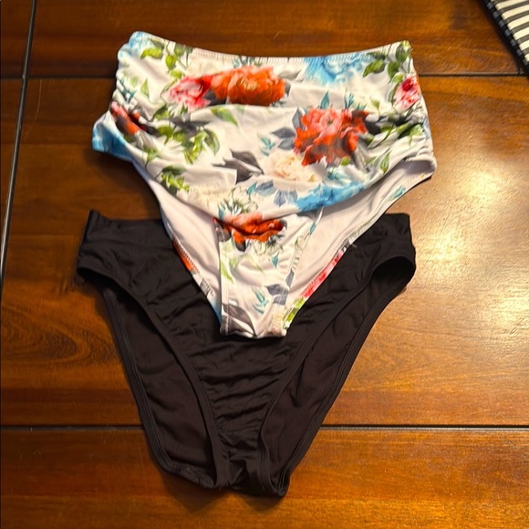 Floral and Black High-Waisted Bikini Bottoms - Picture 1 of 3